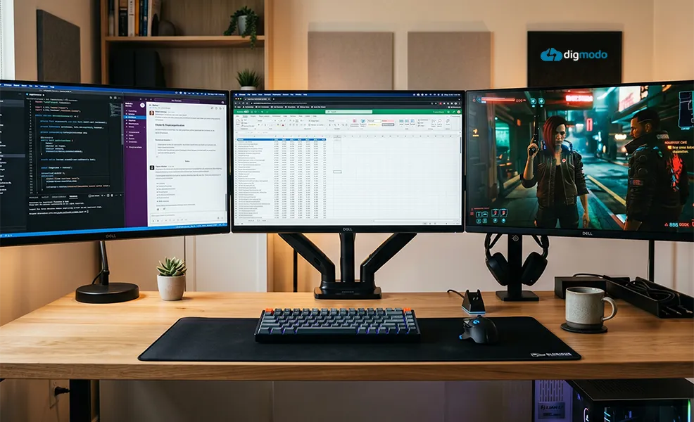 a desk with some of the best 27-inch monitors on display