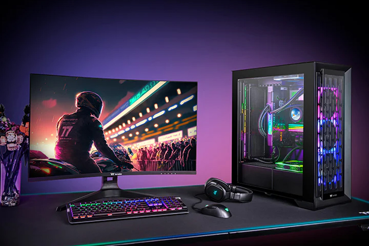 gaming monitor and desktop computer on a desk