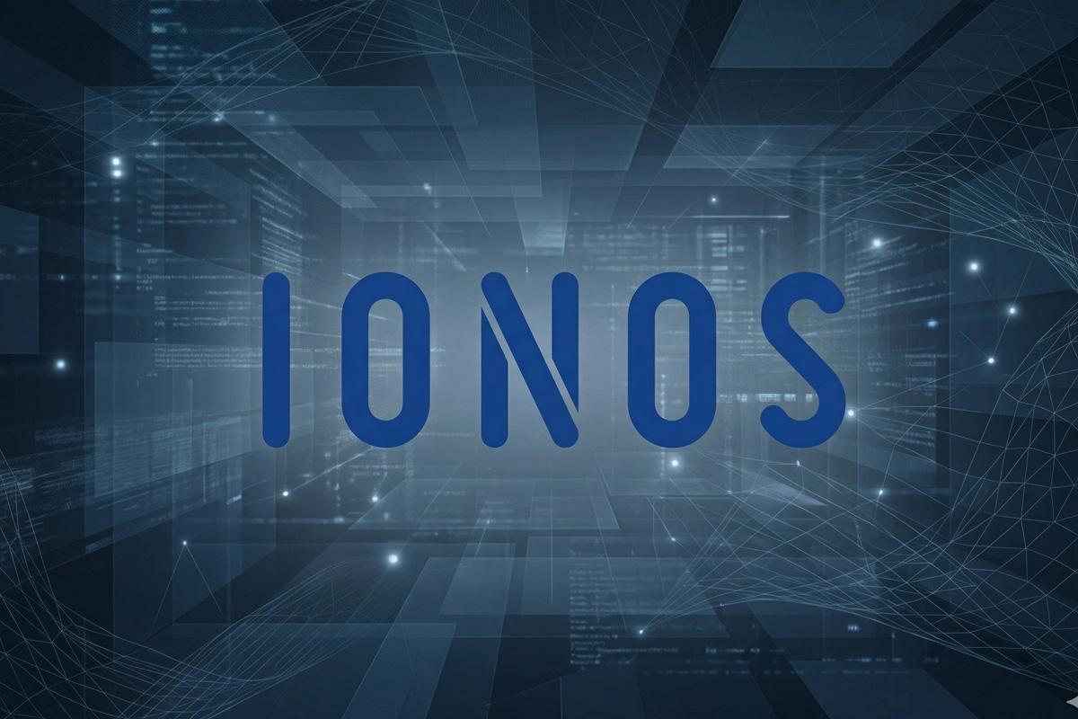 ionos review logo in tech related background