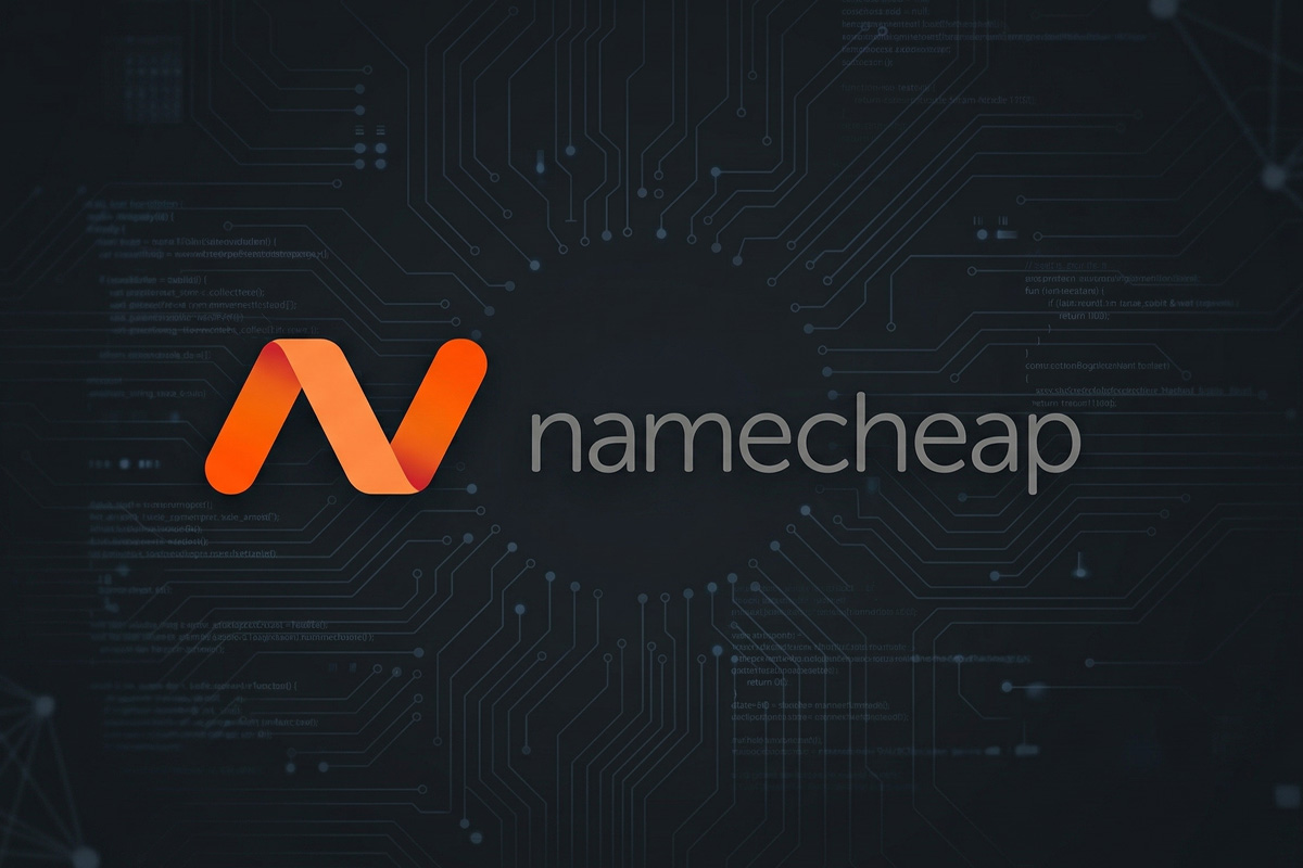 namecheap hosting review logo with tech focused background