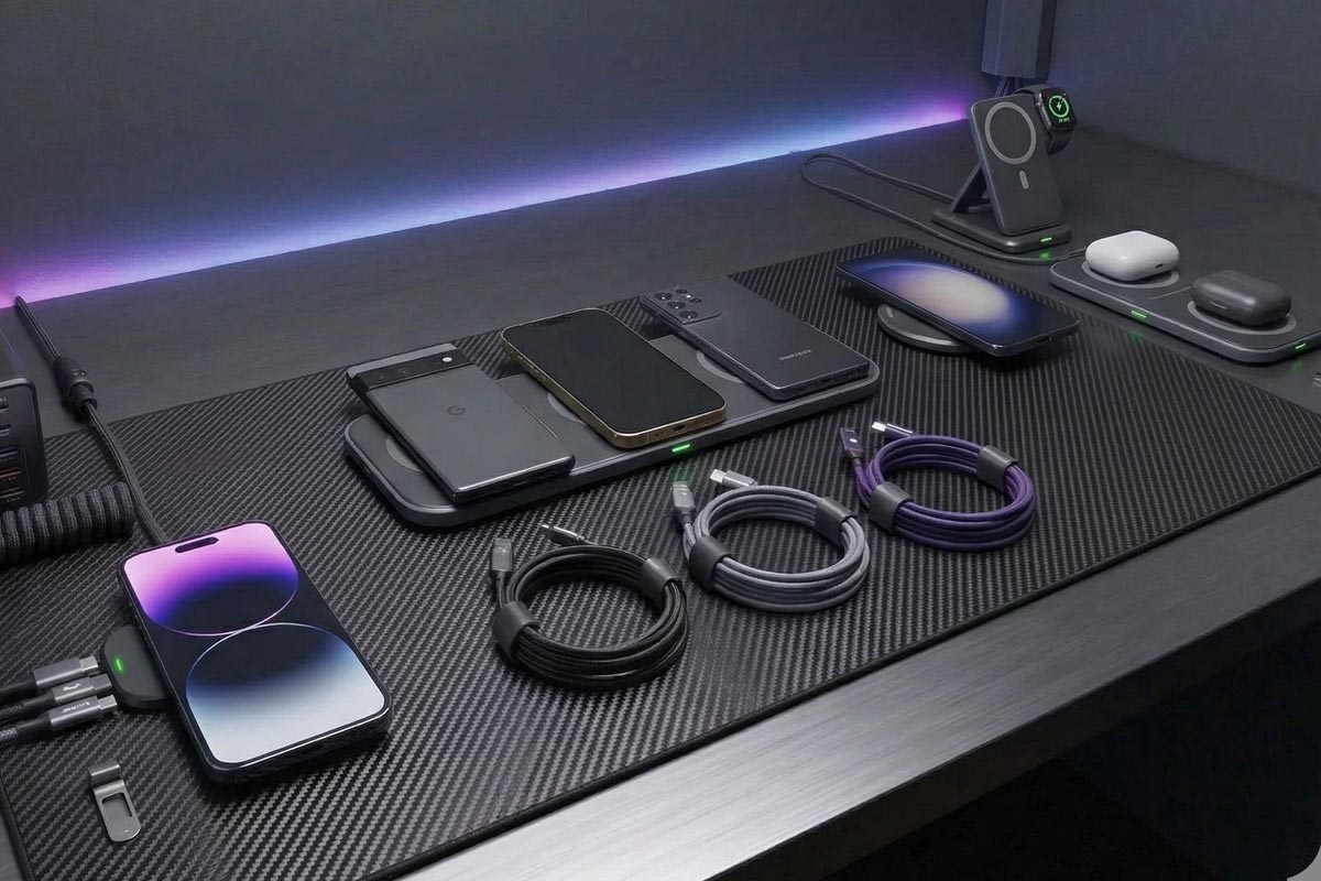 iphone chargers on a desk