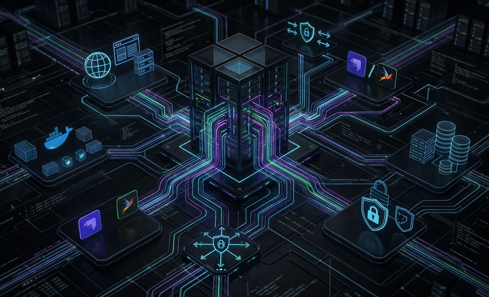 an abstract schematic of a virtual private server and its various capabilities